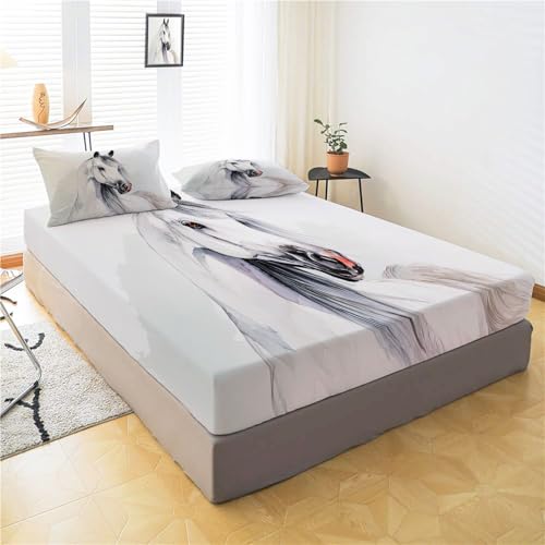 Drap housse en microfibre 180x200 cm blanc imprimé cheval pour grand matelas