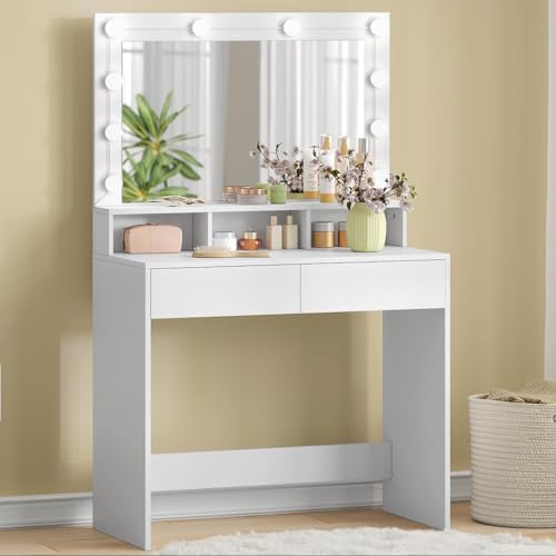 EUGAD Tocador de Maquillaje con Luz LED y Espejo Grande, Mesa de Tocador con 2 Cajones y 3 Compartimentos Abiertos, Mueble de Dormitorio de Estilo Moderno, Blanco