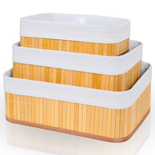 Cestos Organizadores De Bambu 3 Unidades Multiuso Com Forro Perfeito Para Banheiros, Armár...