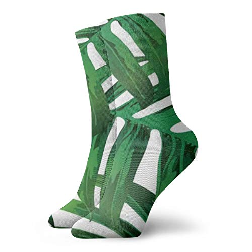 DBKGHIEDHG Calcetines casuales de cuello redondo, blanco, verde, tropical, verano, playa, selva, textura textil tropical, azulejos botánicos, poliéster, para hombres y mujeres, longitud: 11.81