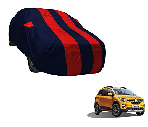 Image of Auto Hub Car Cover Compatible with Renault Triber with Weather Proof, Mirror Pocket, Triple Stitched, Triber Car Cover- Navy-Red