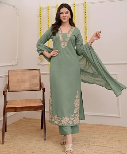 Image of ANNI Designer Pure Cotton Embroidered Kurta Set for Women | Rust Orange Kurta with Pants & Dupatta | Floral Neck & Hem Embroidery | Cotton Kurta Set for Women | 10 Colour Options Available