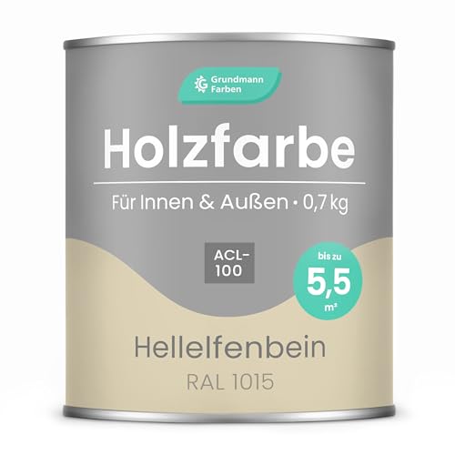 Grundmann Holzfarbe ACL 100 - Holzlack 0,7 Kg Beige - 4in1 inkl. Grundierung - Seidenmatt - Wetterfest für Innen & Außen - RAL 1015 Hellelfenbein