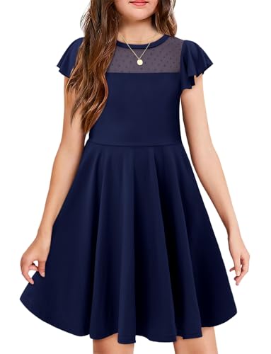 Yoklass Girl Dresses Collared Mesh Versatile Elegant Navy Blue Ruffle Formal Dress 8-9 Years