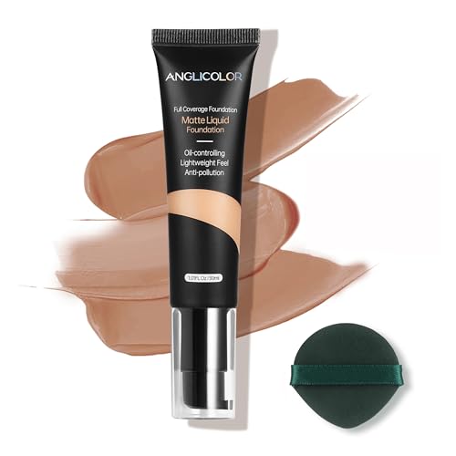 Anglicolor Base Maquillaje,Base De Maquillaje Alta Cobertura,Larga Duración resistente al agua, Mate Maquillaje Natural,Para Pieles Grasas Y Mixtas(#105 Sand, 30ml)