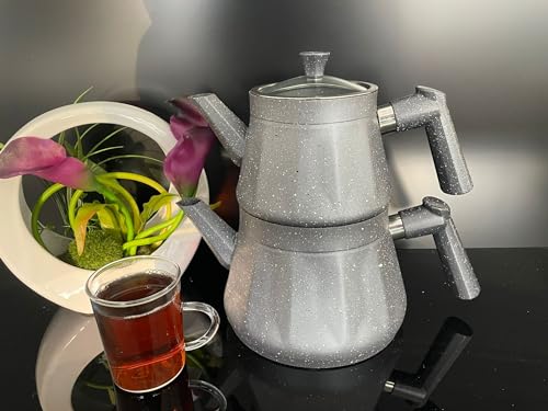 Granit-Teekannen-Set - Obere Teekanne (1,1 Liter) untere Teekanne (2,1 Liter) (Grau)
