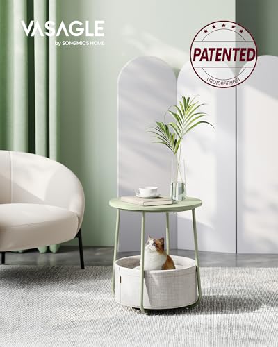 Image of VASAGLE LILEA Collection - Small Round Side End Table, Modern Nightstand with Fabric Basket, Laurel Green and Cream White ULET223C69