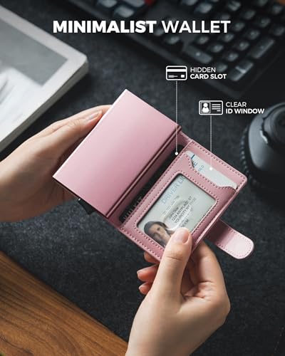 Image of VULKIT Slim Bifold Pop up Wallet Minimalist Leather Card Holder RFID Blocking Metal Card Case with ID Window for Women | with Leather Slots