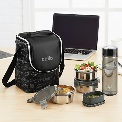 Image of CELLO Complete Meal Lunch Box Set with Jacket For Office Use Black | 3 x 300ml Steel Container, 1 x 130ml Pickle Container, 500ml Water Bottle With Spoon & Fork | Airtight Tiffin Box Set For Daily Use