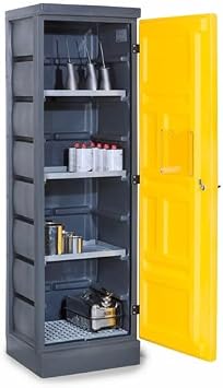 DENIOS Polyethylene Acid & Corrosive Cabinet | 1-Door | 24x25x78 | Lockable Chemical Storage Cabinet with Leak-Proof Sump, SDS Pocket | 3 Galvanized Drip Trays, 1 Shelf | EPA/OSHA Compliant