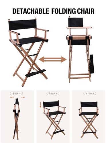 ميشيدا كرسي مدير قابل للطي، كرسي الومنيوم خفيف الوزن محمول لفناني المكياج لغرفة النوم والاستوديو وصالونات التجميل والانشطة الخارجية (ذهبي وردي)