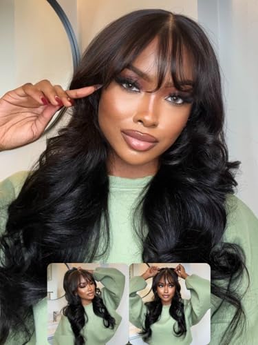 Nadula 13X4 HD Pre Everything Glueless Body Wave Lace Front Wigs Human Hair with Curtain Bangs Pre Plucked Invisible Bleached Knots Pre Cut Ready to Wear Fluffy Lace Frontal Wig Black Color 22inch