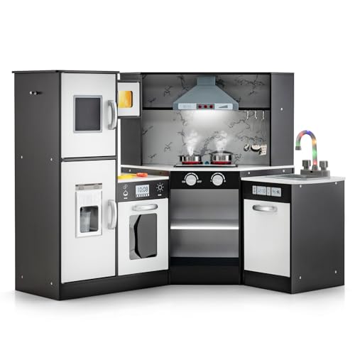 DREAMADE Kinderküche aus Holz mit 16 TLG. Spielzubehör, Kinder Küche Eckküche mit Tafel Herd Spüle Backofen, Spielküche mit Licht und Sound für Kinder Mädchen ab 3 Jahren(Braun)