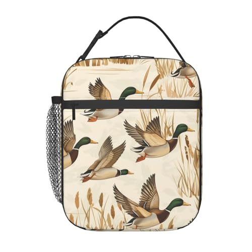 ainori Reusable Flying Duck Lunch Box for Kids Girls Boys Women Adult, Insulated Golden Reed Lunch Bag,Polyester Cooler Cute Handbags Case for School Picnic Work Travel Beach or Hiking