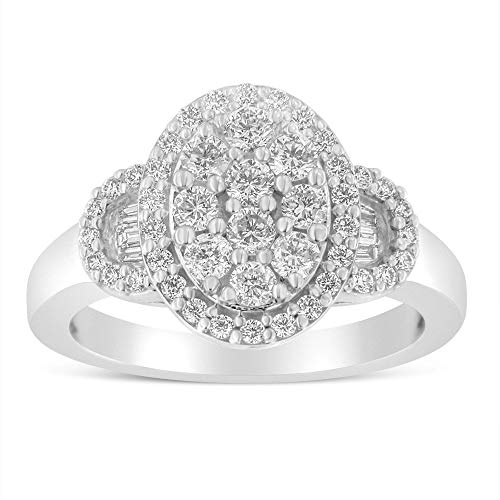 Original Classics 10K White Gold 1.0 Cttw Diamond Oval Cluster with Halo Vintage-Inspired Art Deco Buckle Style Statement Ring (G-H Color, SI1-SI2 Clarity) - Size 7