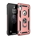 Military Grade Drop Impact for iPhone XR Case 360 Metal Rotating Ring Kickstand Holder Built-in Magnetic Car Mount Armor Heavy Duty Shockproof Cover for iPhone XR Phone Protection Case (Rose Gold)