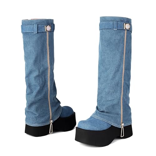 MRKEWUNEY Fashion Fold Over Knee High Boots for Women Wedge Heel Denim Knee High Boots Wide Mid Calf Boots2