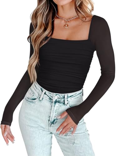 PINKMSTYLE Womens Square Neck Mesh Long Sleeve Bodysuit Shapewear Corset Tops Sexy Concert Outfits Party Shirts2