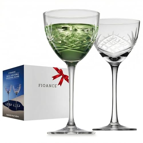 Fioance 5oz Nick and Nora Cocktail Glass,Vintage Designs,Set of 2 Foam&Gift Box,Lead-Free Crystal, Coffee Table Decor, Hot Espresso Coffee,Dishwasher Safe, Unique for Housewarming&Holiday Gifts