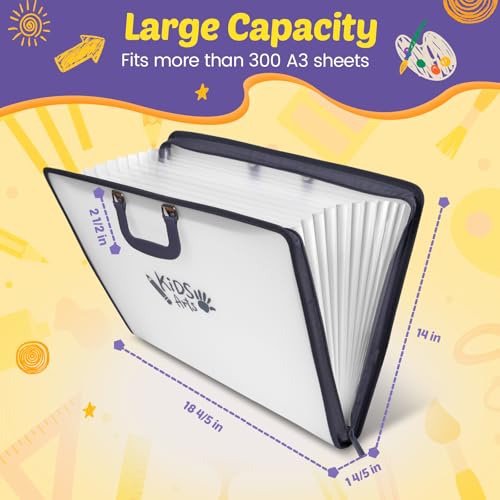 Image of 11x17 Kids Art Portfolio - Accordian File Organizer with 13 Pockets, Art Portfolio for Kids with Handle and Zipper Closure - Oxford Cloth, Frosted Translucent Artwork Folder for Children - 1 Pack