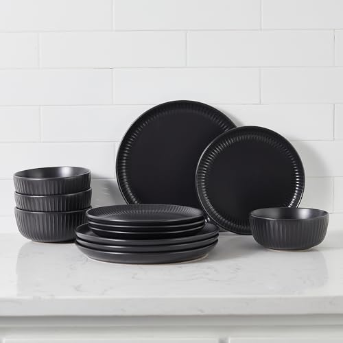 Image of Stone Lain Logan 24 Pieces Stoneware Dinnerware Set, Black