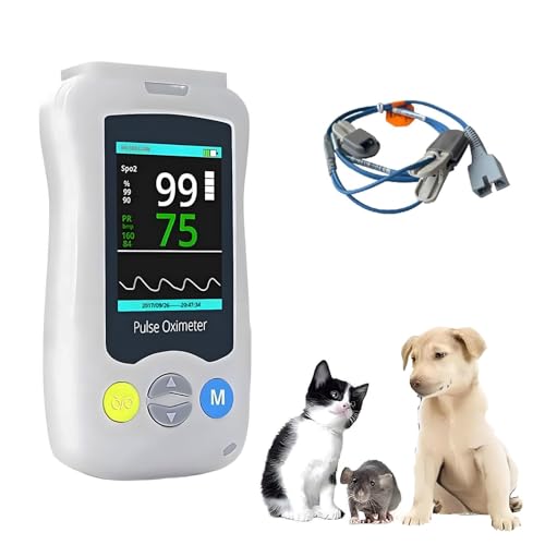Axazcs Pulsioximetro Veterinario de Mano, Pantalla de 2.4 Pulgadas Pulsioximetro Veterinario, Monitor de Pulso SPO2, Sensor de SPO2 de Oreja/Lengua.