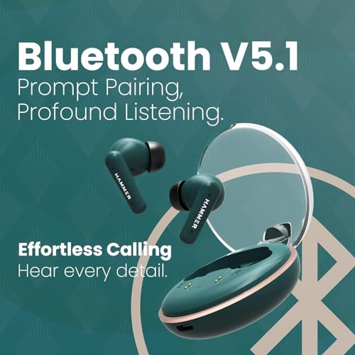 Image of HAMMER Airflow Plus TWS Earbuds with Bluetooth 5.1, Smart Touch Control, Type-C Charging, IPX4 Rated SweatProof, Stereo Sound, Upto 23 Hours Playback, Noise Isolation (Emerald Green)