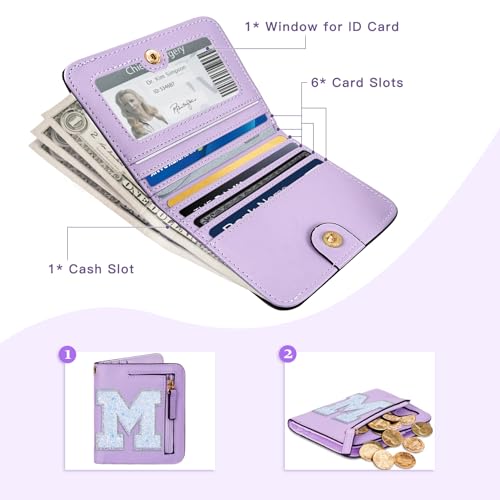 Image of COSHAYSOO Initial Wallet RFID Small Bifold Slim Letter Wallet for Women Teenager Girls Travel Daily Necessities Credit Cards Money Cash Coin Organizer, Purple, Compact, M