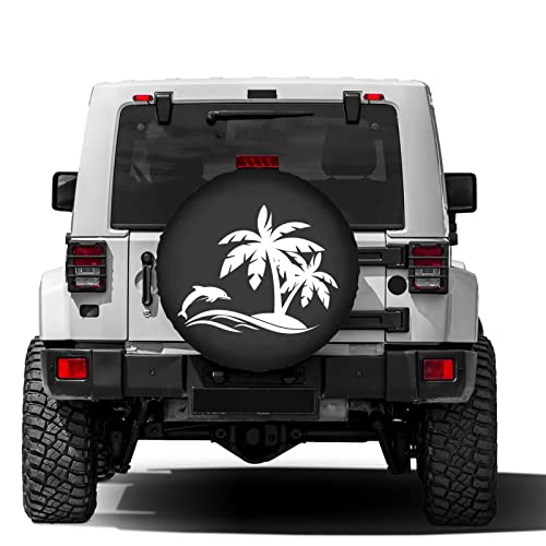 Image of Delerain Dolphin Palm Tree Spare Tire Cover for RV Trailer SUV Truck and Many Vehicle, Wheel Covers Sun Protector Waterproof (15 Inch for Diameter 27 inch-29 inch)