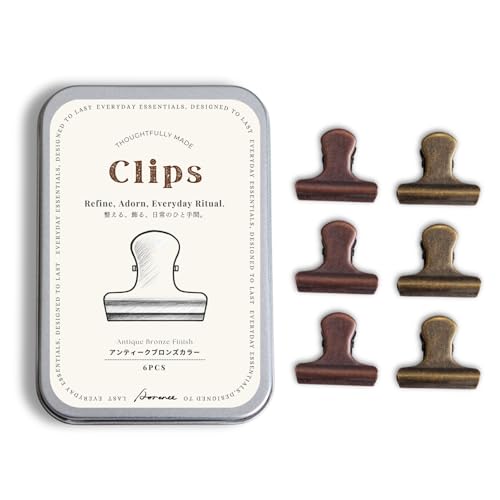 Aorenee Vintage Metal Clips Set of 6 with Storage Tin Antique Copper & Patina Bronze Colors Binder Clips for Paper Bags Journals Crafts & Office Use
