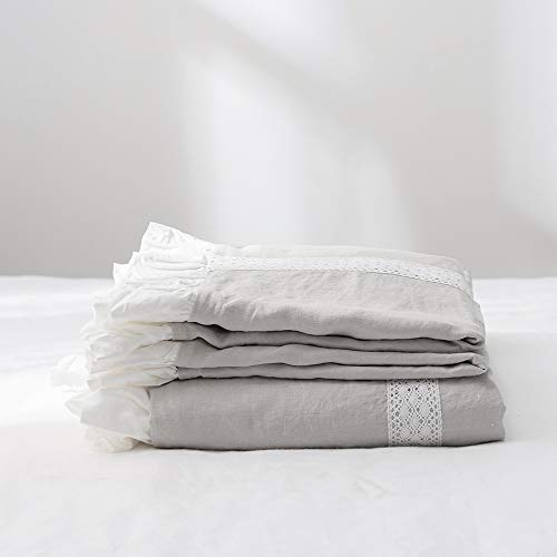 Simple&Opulence 100% Linen Duvet Cover Set (104''X92'') Floral Flax King Size, Shabby Chic Ruffle Edge Lace Insert Decoration, 3 Pcs Farmhouse Bedding-1 Comforter Cover 2 Pillow Shams, Floral Grey #TOP7