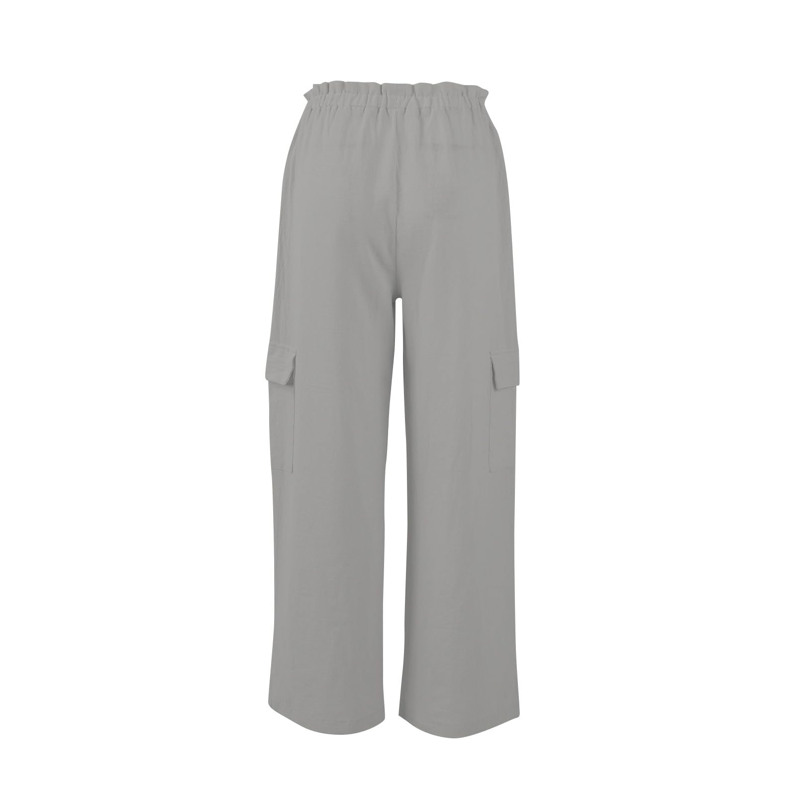 Women's Casual Pants High Waisted Drawstring Wide Leg Cargo Pants Elastic Comfortable Pure Color Linen (Grey, XL)