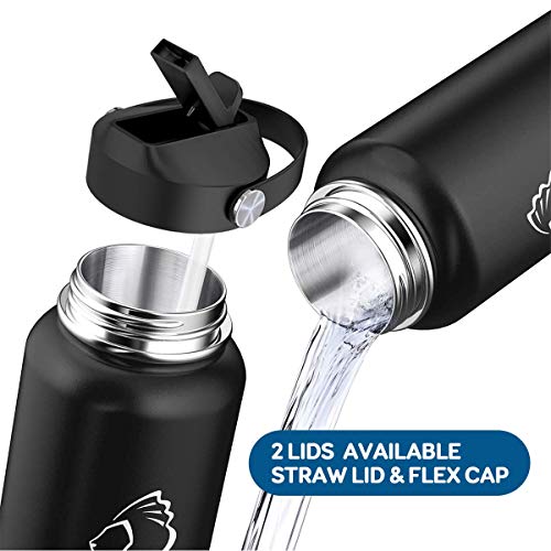 Buzio Stainless Steel Water Bottle (Cold For 48 Hrs, Hot For 24 Hrs), 40 Oz Vacuum Insulated Water Bottle With Straw Lid And Flex Cap (Double Wall, Wide Mouth, Bpa Free, Leak Proof, Sweat Free), Black #TOP4