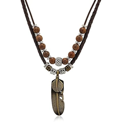 Beulous Men Leather Necklace Vintage Tribal Style Boho Hipppie Double Layered Black Braided Beaded Artificial Leaf Feather Pendant Pirate Necklace, Leather, No Gemstone Cover