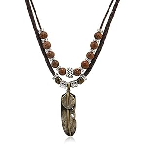 Men Leather Necklace Vintage Style Double Layers Braided Leather Tribal Necklace Boho Hipppie Beaded Artificial Feather Pendant Necklace for Daily Use