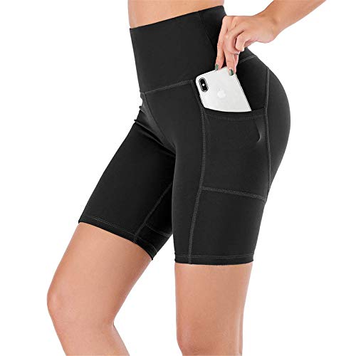 UBFEN Women's High Waist Yoga Shorts Workout Athletic Shorts for Tummy Control Running Sports Pants with Pockets A Black 8" Medium