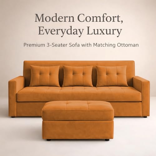 Image of Emilio 3 Seater with Ottomon Pull-Out Sofa Cum Bed (Orange Color) Premium Fabric Sofa Set for Living Room | Bedroom
