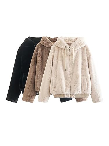 Women Thick Warm Faux Fur Hooded Jacket Coat Vintage Long Sleeve Front Zipper Female Outerwear2