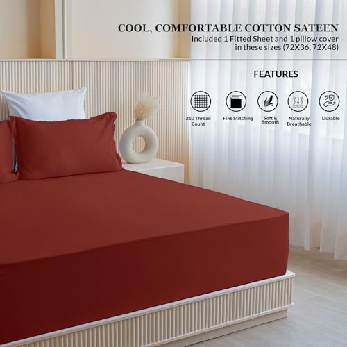 Image of HOMEMONDE Cotton Fitted Bedsheet for Single Bed Size - 72x36 Inches Maroon Elastic Sheet with 1 Pillow Cover, 210 Thread Count, Comfort Cotton Bedsheets for Home | Perfect for Home Decor & Gifting