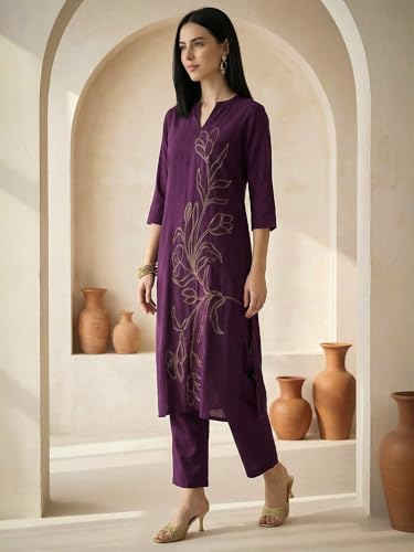 Image of INDO ERA Women's Viscose Rayon Floral Embroidered Straight Calf Length Kurta & Pant Set (IEAI12330)