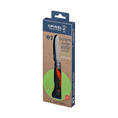 Opinel - N°07 Cuchillo Outdoor Junior Multifuncional - Hoja de Punta Redonda de 8 cm en Acero Inoxidable, Mango de Polímero y Fibra de Vidrio - Silbato de 110 dB, Alcance de 300 m - Kaki