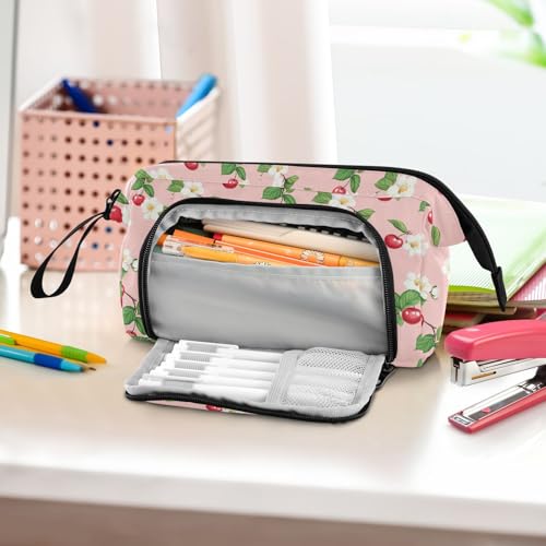 Image of Flower Cherry Fruit Large Capacity Pencil Case Pen Bag Pencil Pouch, Kids Printed Pencil Case with Handle Canvas Zipper Pen Pouch for School Office College Ideal Graduation Gifts