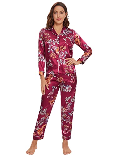 Wdirara Women's Silk Satin Pajama Set 4 Pieces Sleepwear Loungewear Pj Sets Burgundy S #TOP5