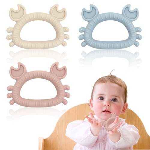 Paquete de 3 mordedores suaves con forma de cangrejo para bebés, alivia el dolor de la dentición, juguete de dentición sin BPA, mordedor para bebés a partir de 3 meses (rosa, azul, blanco)