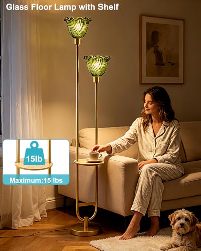 Image of Lightdot 2-Lights Modern Glass Floor Lamp with Table Gold Standing Tall Lamps with Green Floral Glass Shade,LED Floor Lamp with Foot Switch for Living Room Bedroom Home Decor (3000K Bulbs Included)