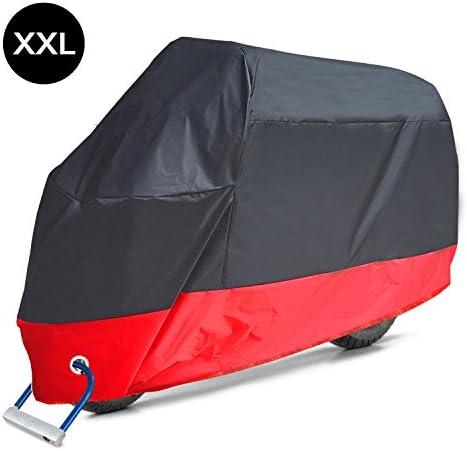 AOAFUN Motorcycle Cover, All Season Waterproof Outdoor Protection,2 Stainless Steel Lock-Holes Design, Fits up to 108" Motors ,Waterproof ,Anti-Theft, Durable & Tear Proof(XXL,Black& Red)