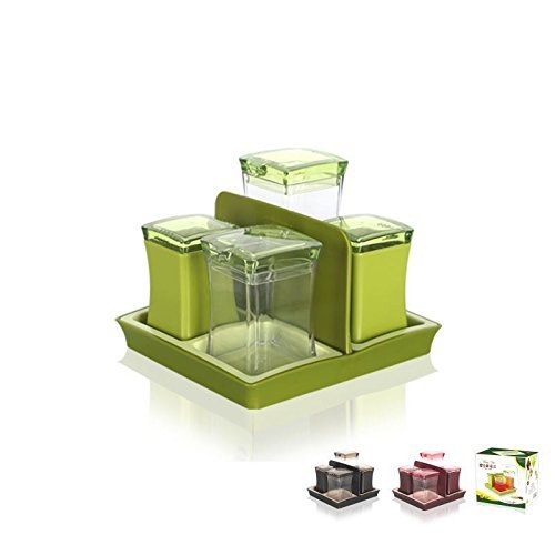 HOMIES INTERNATIONAL Premium Quality Gift Set Of 4 Pieces Plastic Square Condiment Set With Tray, Jar Set, Jam Jar, Pickle Jar, Plastic Seasoning Storage Bottles