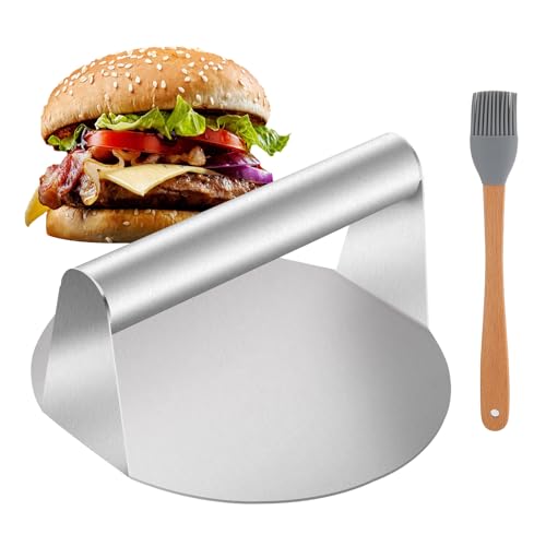 Stainless Steel Burger Press, 5.7 inch Round Burger Smasher with Basting Brushes Heavy-Duty Smash Burger Press, Non Stick Bacon Beef Steak Patty Burger Maker for Grilling Barbecue Griddle