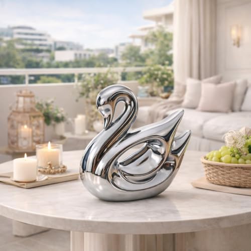 Image of Xtore Metallic Silver Swan Ceramic Figurine for Home Decor, Elegant Tabletop Accent for Living Room & Bedroom