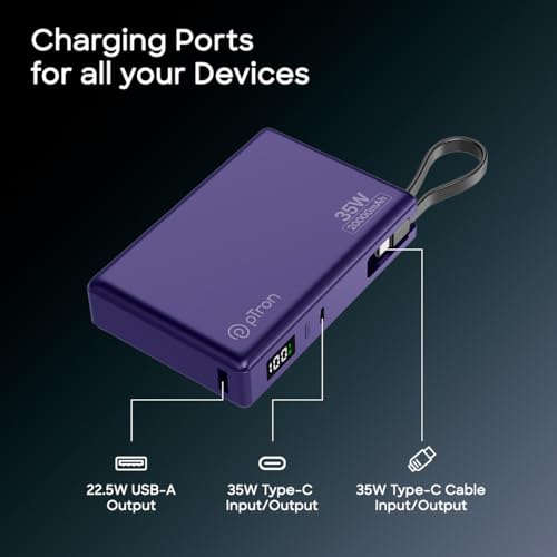 Image of pTron Dynamo Sprint 20000mAh 35W Super Fast Charging, USB Type-C Input Power Bank Compatible with QC3.0 /PD3.0, Built-in Charging Cable, 3 Charging Outputs, Type-C Input /Output Port (Purple)